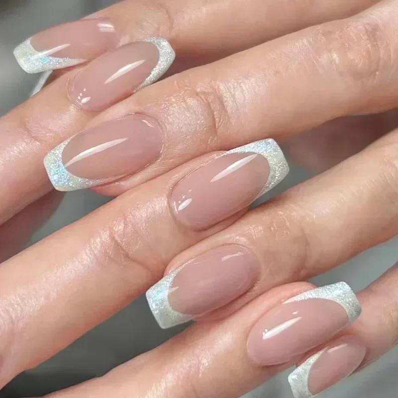 Set di 24 Unghie Balletto Corte Sfumate con Design Unghie Finte Semplici Bianche Unghie Finte a Bara Unghie Press-on Unghie Finte a Copertura Totale
