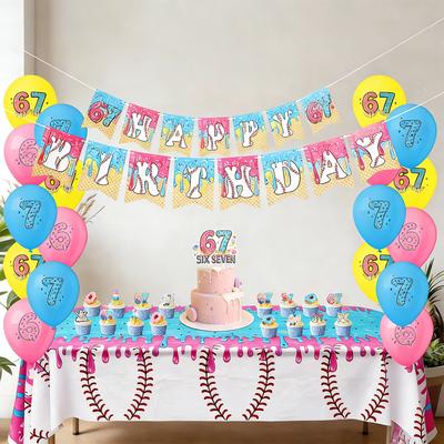 Geburtstagsdeko mit Wimpelkette, Geburtstagsballons, Tischdecke und Geschirr, Tortenaufsatz für Geburtstagsfeier