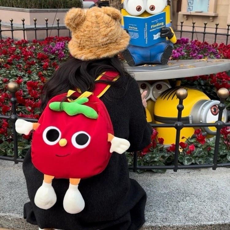 Canvas Cartoon Tomato Plush Backpack With Fun Cartoon Pattern Students For