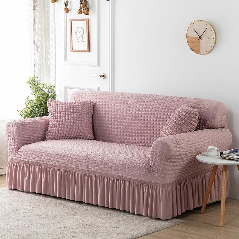 Plain Stripe Seersucker Sofa Cover Elastic Slipcover For Living Room Couch Stretchable Skirt Design