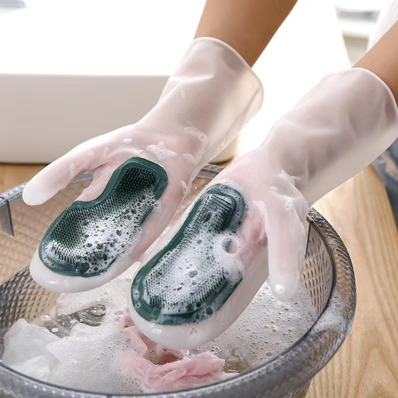 Magic Silicone Dishwashing Gloves with Soft Bristle Brush - Durable, Waterproof Kitchen Cleaning Gloves.