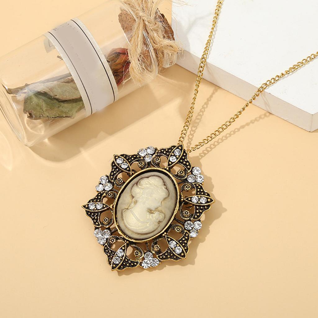 Oval Cameo Pendant Necklace with Crystal Rhinestones Handmade Vintage Jewelry Accessory Stylish Outfit Enhancer