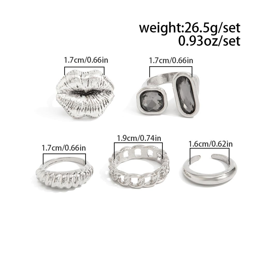 Exaggeration Heart Shape Crystal Rings Set for Women Lips Square Zircon Charm Open Rings Adjustable Fashion Designer Luxury Jewelry