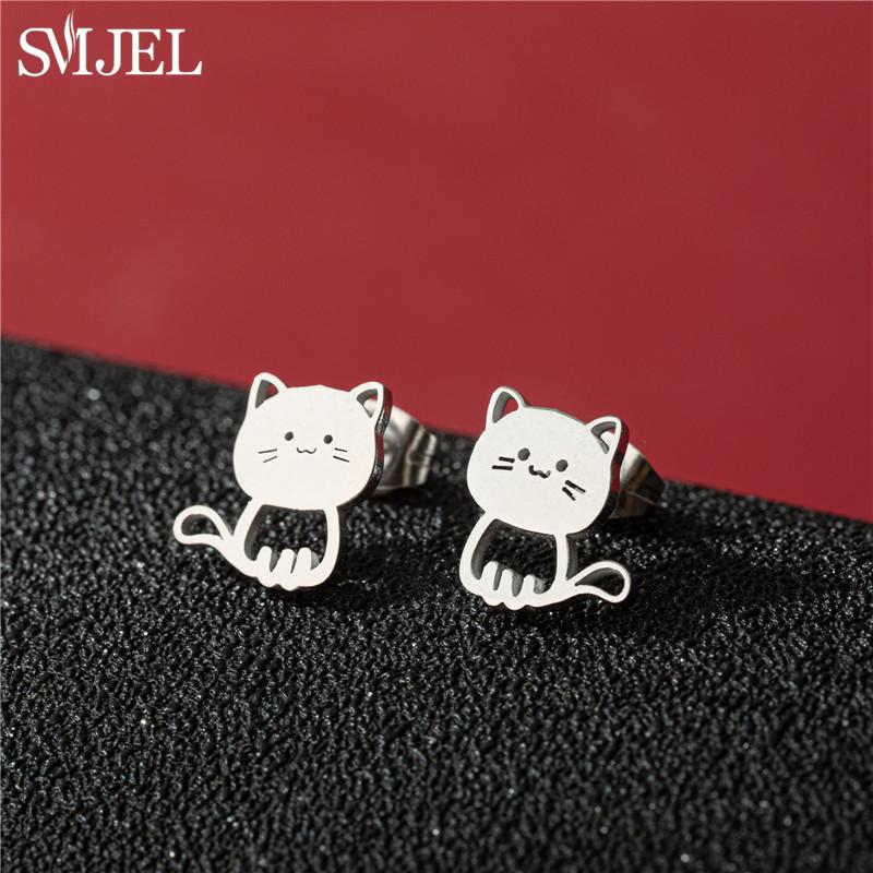 New Funny Happy Kitty Stud Earrings for Girls Fashion Cute Animal Cat Earings Silver Color Kitten Jewelry Wholesale
