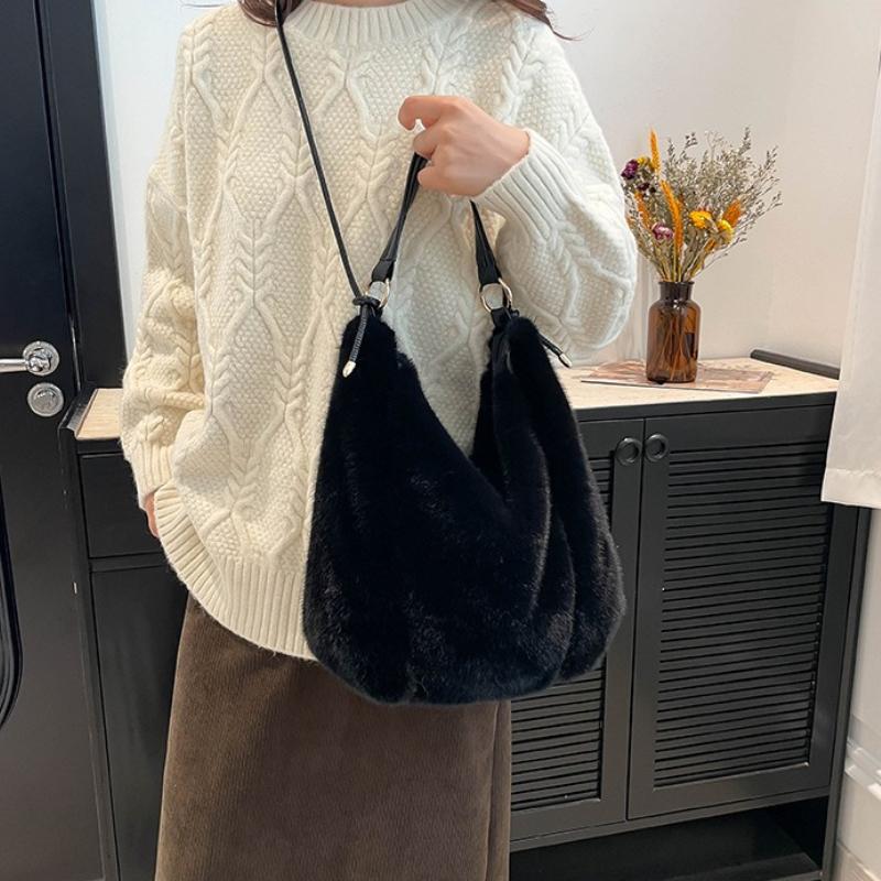 Simple Faux Fur Women's Tote Shoulder Bags Casual Large Capacity Female Furry Messenger Bag Solid Color Plush Purse Handbags