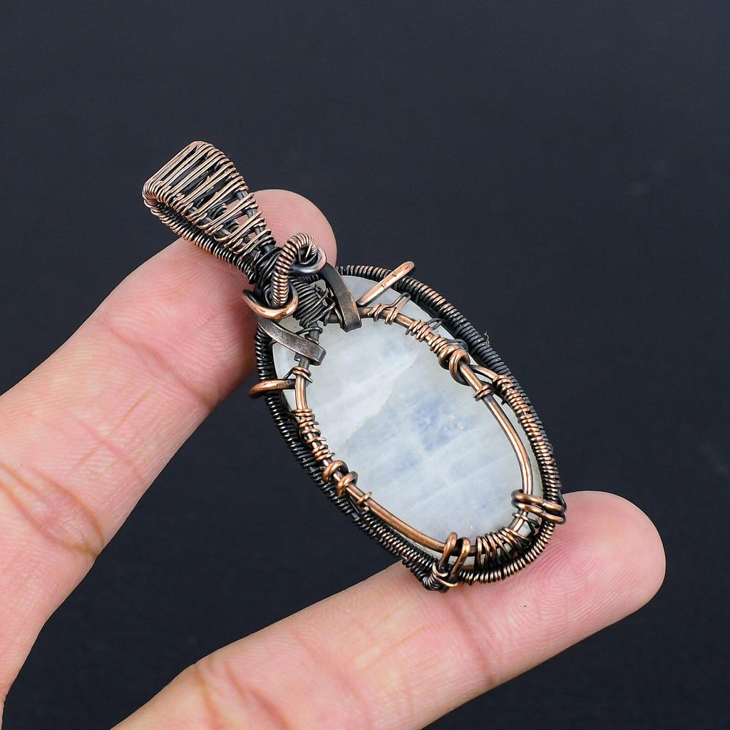Rainbow Moonstone Pendant Gemstone Jewelry, 999 Copper Wire Wrapped Pendant, Handmade Beautiful Jewelry Pendant