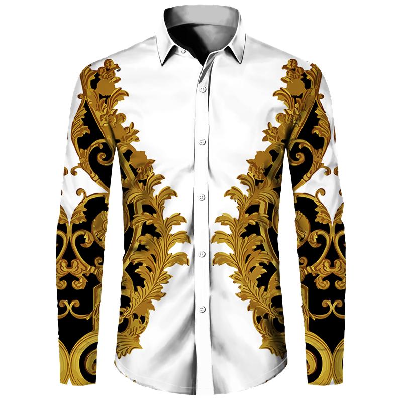 Golden Flower Pattern Print Men's Shirts Casual Single-Breasted Cardigan Long Sleeve Shirt Fashion Trend Tops Men Clothing