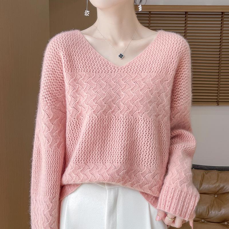 Women's Cashmere V-Neck Hollow Jacquard Pullover Sweater, Autumn/Winter Collection