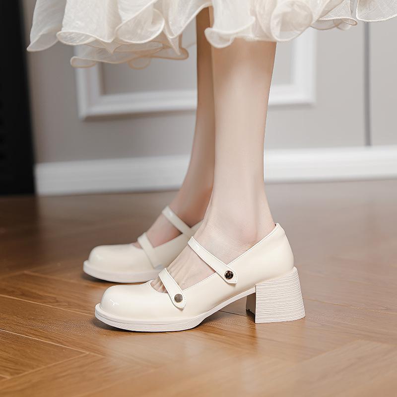 White French Mary Jane Small Leather Shoes Women's Spring and Summer New Round Head with Skirt Word with Retro Thick Heel Single Shoes