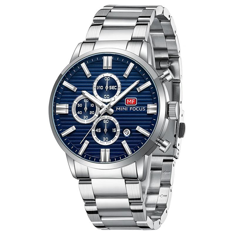 Luxury Men Quartz Watch Chronograph 24H Display Calendar Date Luminous Pointer Stainless Steel Strap Wristwatch