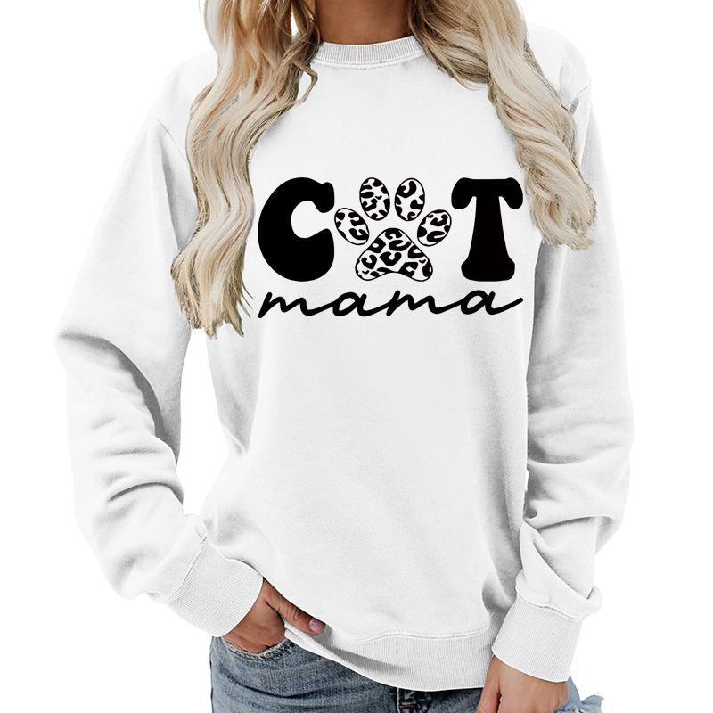 Women's Fashion Round Neck Long Sleeve Colorful Cat  Letter Top Sweatshirt