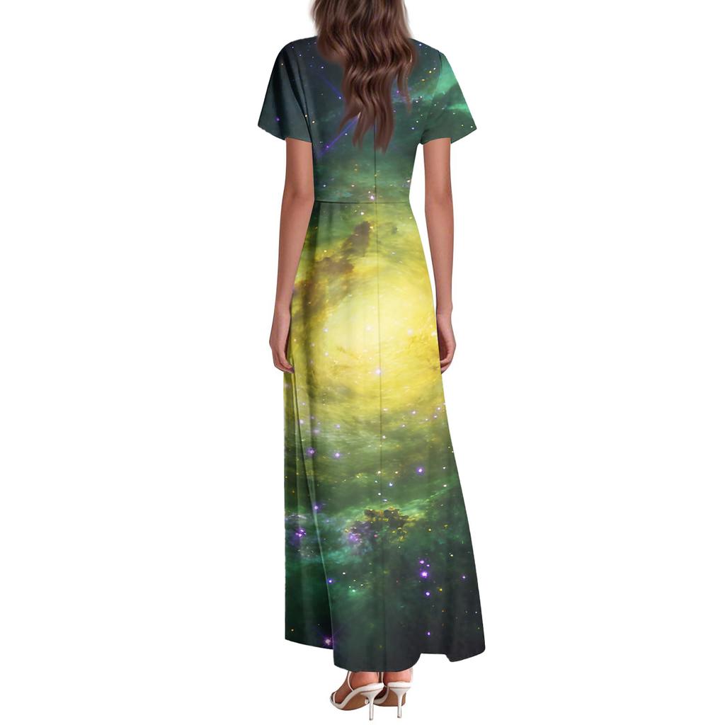 Women's Summer Casual Fashion -Print V-Neck Short-Sleeve Patchwork Dress