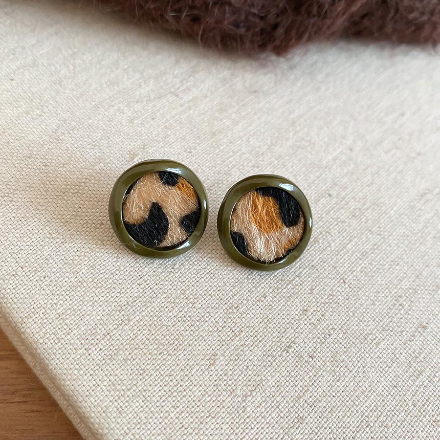 Silver Needle Leopard Square Round Stud Earrings Vintage Maillard Niche Earrings Earrings Daily Versatile Earrings