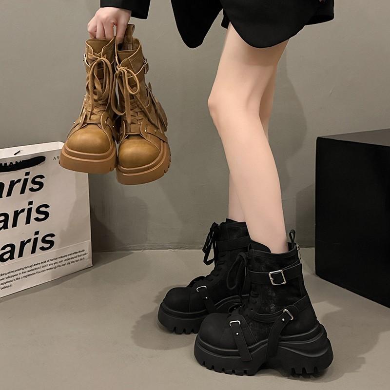 Martin Boots Women's 2025 New Versatile Splicing Soft Leather Thick-soled Muffin Strap Casual Locomotive Boots Small Short Boots