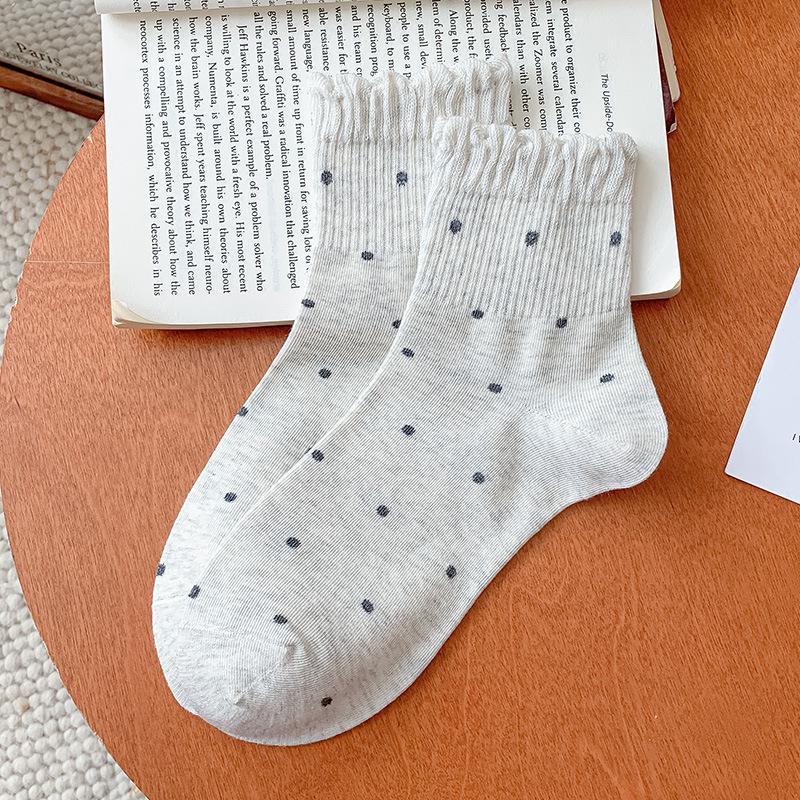 25 New Women's Mid-Calf Wood Ear Edge Polka Dot Lace Socks, Japanese Ballet Style Autumn Trend