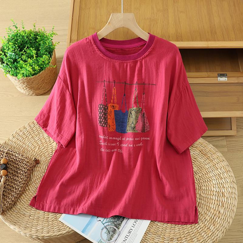 DIMANAF 2026 Plus Size Summer Women Blouse Shirts Tunic Oversize Loose Casual Cotton Linen Print Lady Tops