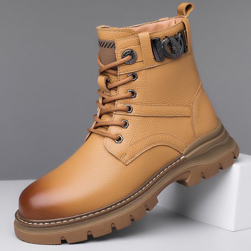 Fashion Cow Leather Winter Warm Wool Platform Boots for Men Fashion Casual Metal Designer High Top Work Shoes Male Black Ankle Boots