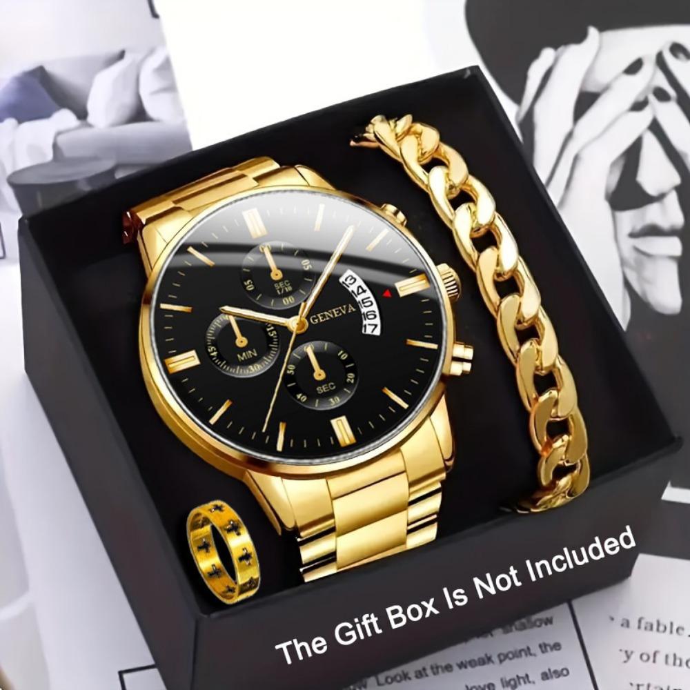 Genevn Watch 3-Piece Set Men S Steel Strap Watch Quartz Watch Fashion Watch Set
