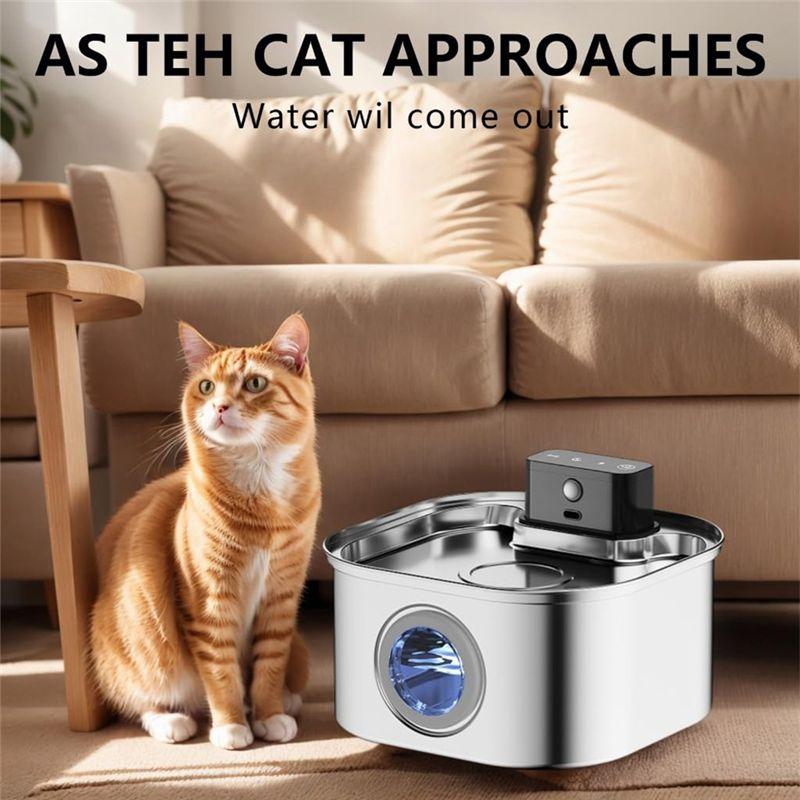 Fontanella per Acqua per Animali Domestici Pratica 3.2L Acciaio Inossidabile Senza Fili a Batteria Sensore di Movimento Silenziosa Filtrata Dispenser per Acqua per Gatti e Cani