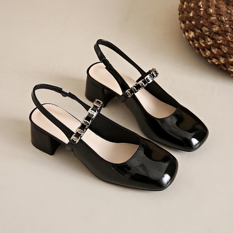 

Баотоу пустые сандалии женские 2025 лето новый круглый носок мода жемчуг универсальные толстый каблук удобные туфли Мэри Джейн одинарные туфли 34 чёрный