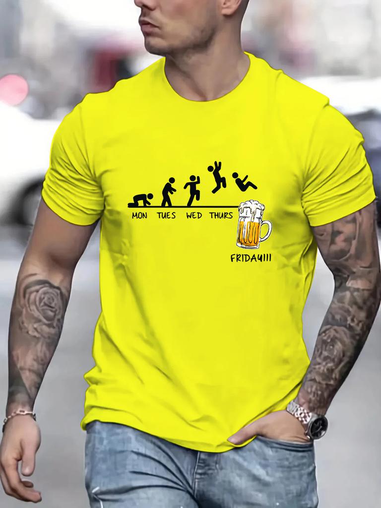Summer Men's 100% Cotton Casual Size Jumping In Beer Print Round Neck Short Sleeved T-shirt Top