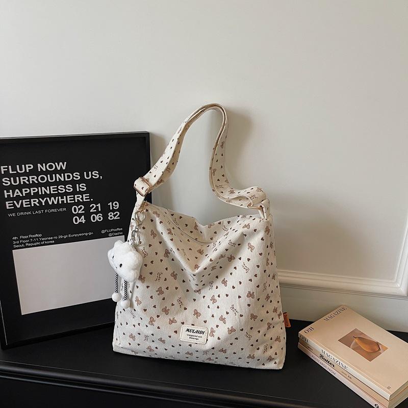 Cute bow canvas tote bag women's leisure large capacity shoulder bag student commuter messenger bag