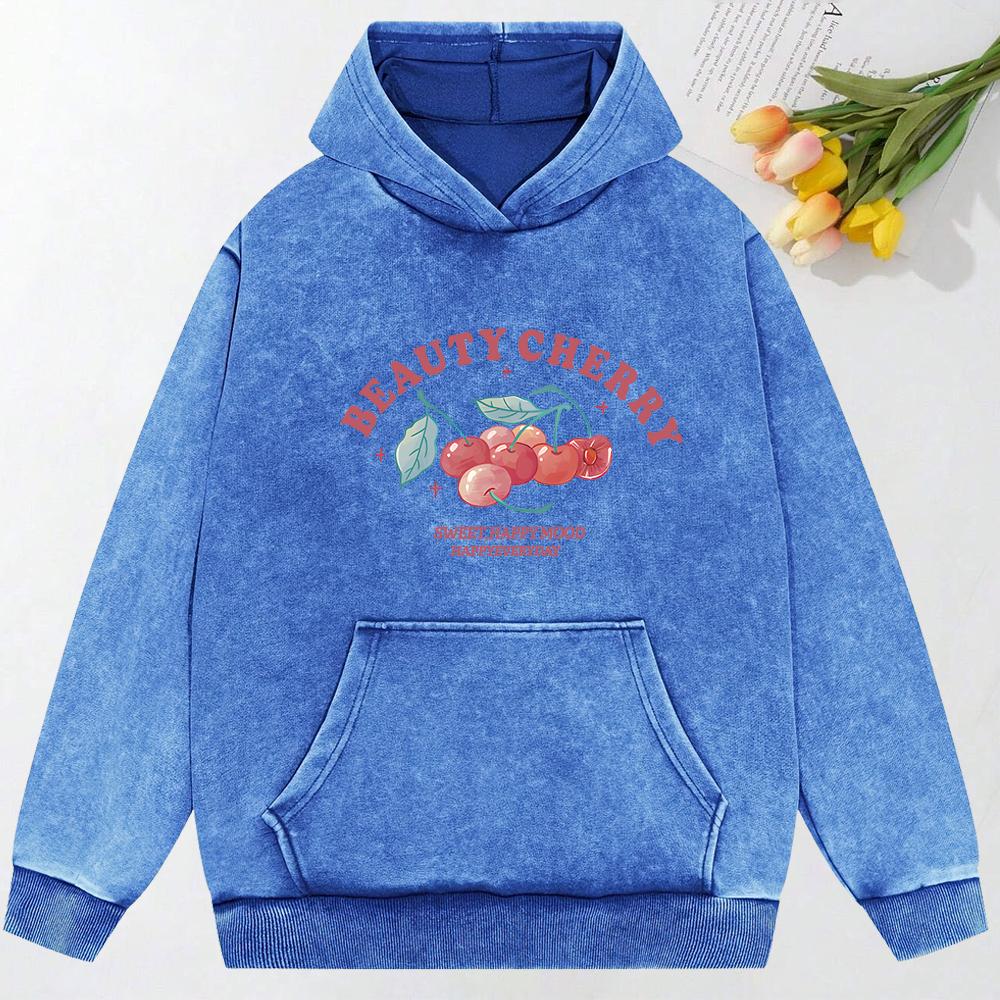 Beauty Cherry Art Letter Print Washed Hoody All-Match Oversized Hoodies Cotton Sportswear Couple Women Clothing