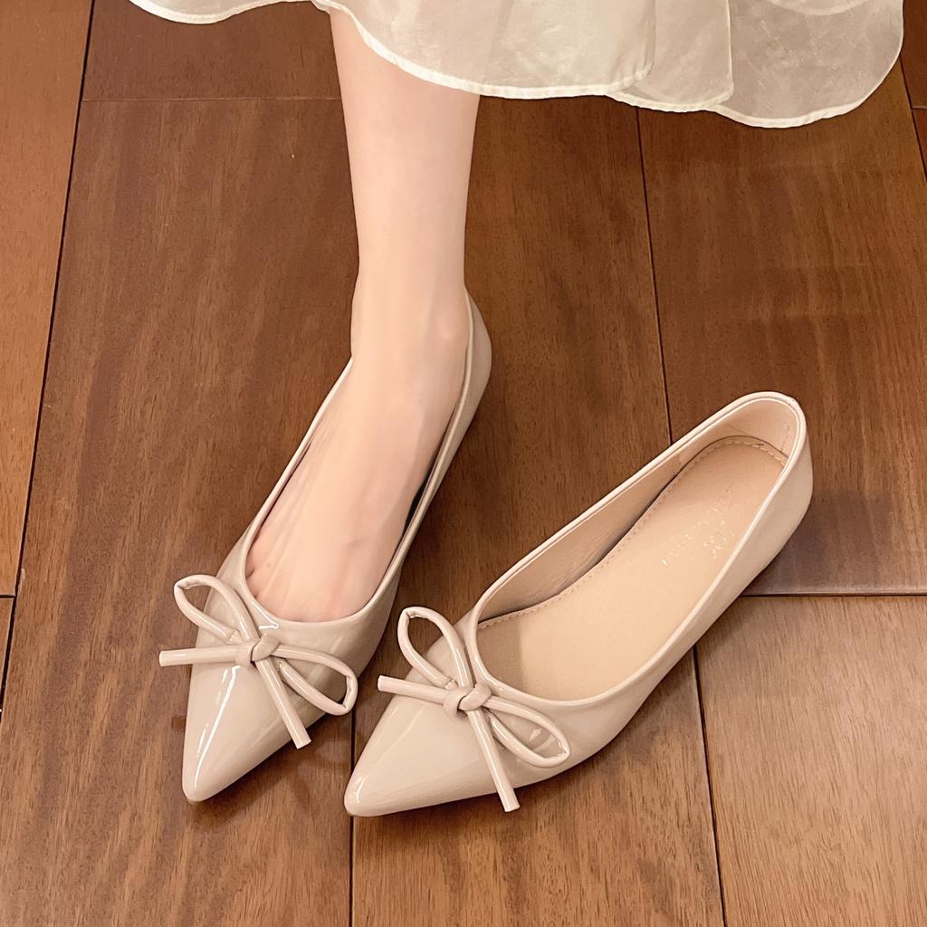 Fashion Spring Autumn Patent Leather Woman Flats Shoes Ballets Metal Buckle Bow Lady Fall Girl Ballerina Dress Pointed Toe Flats Shoes