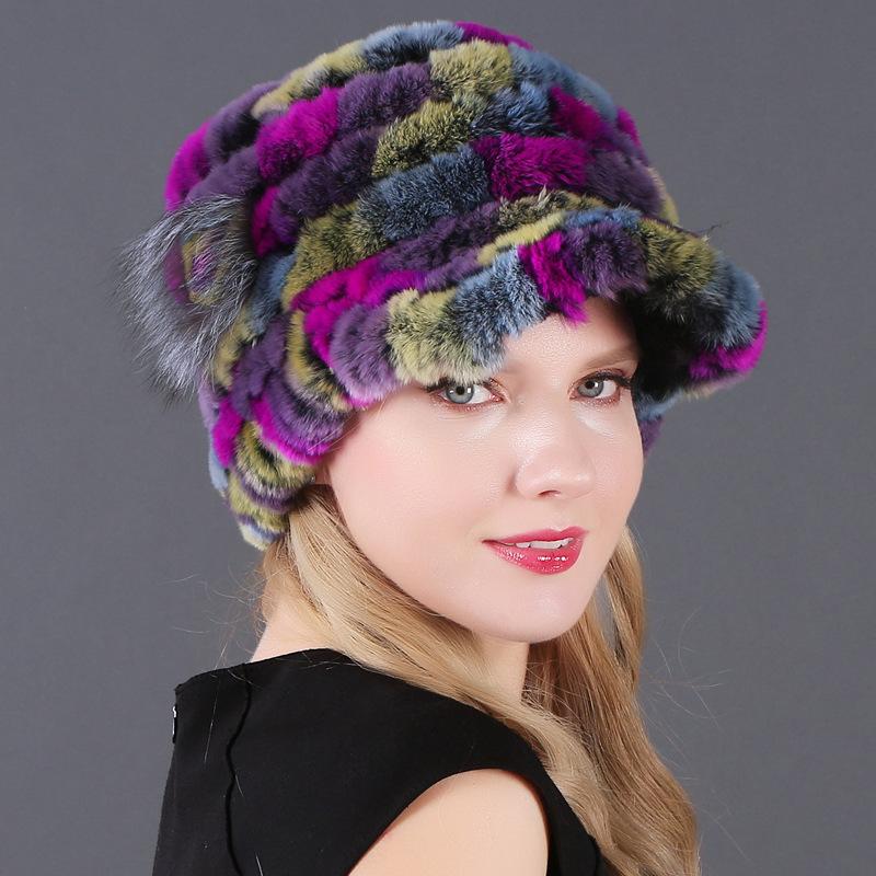 Wintermütze für Damen, warm, Rex-Kaninchenhaar, gestricktes Fell, Entenzungenmütze