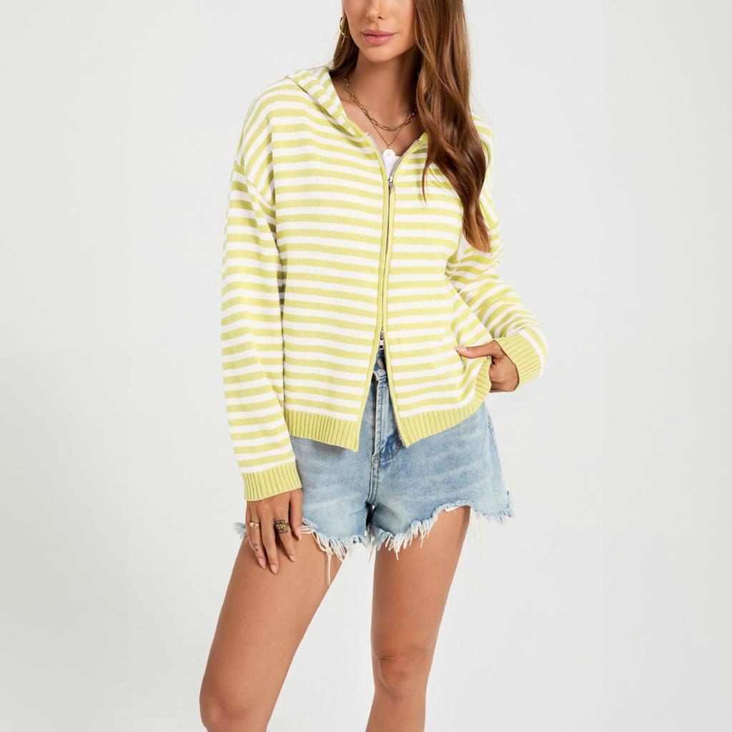 Women's Striped Casual Zip-Up Hooded Cardigan Sweater - Loose Fit Long Sleeve