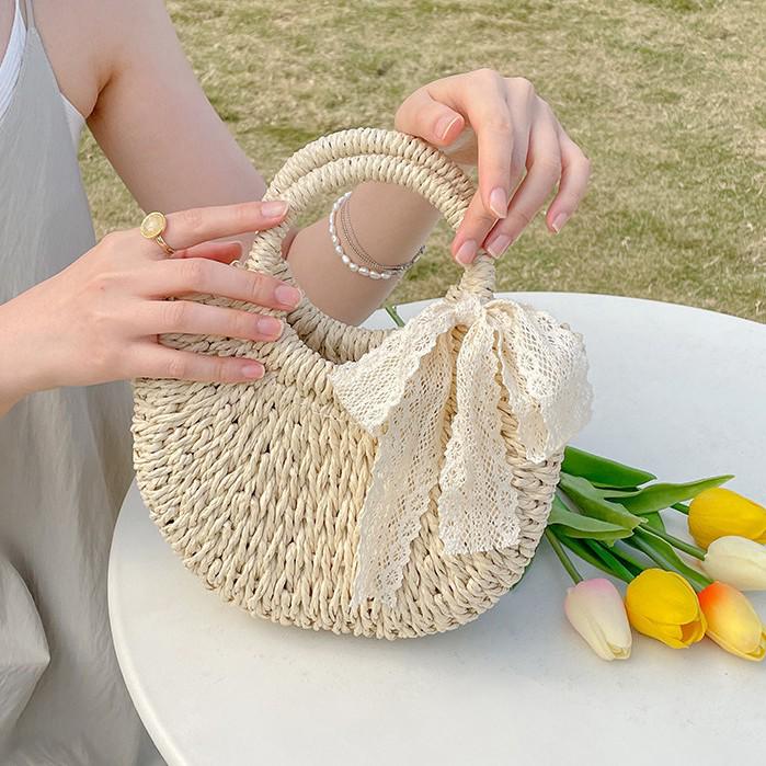 Half-Round Straw Woven Crossbody Bag - Casual Beach-Style Handbag for Women