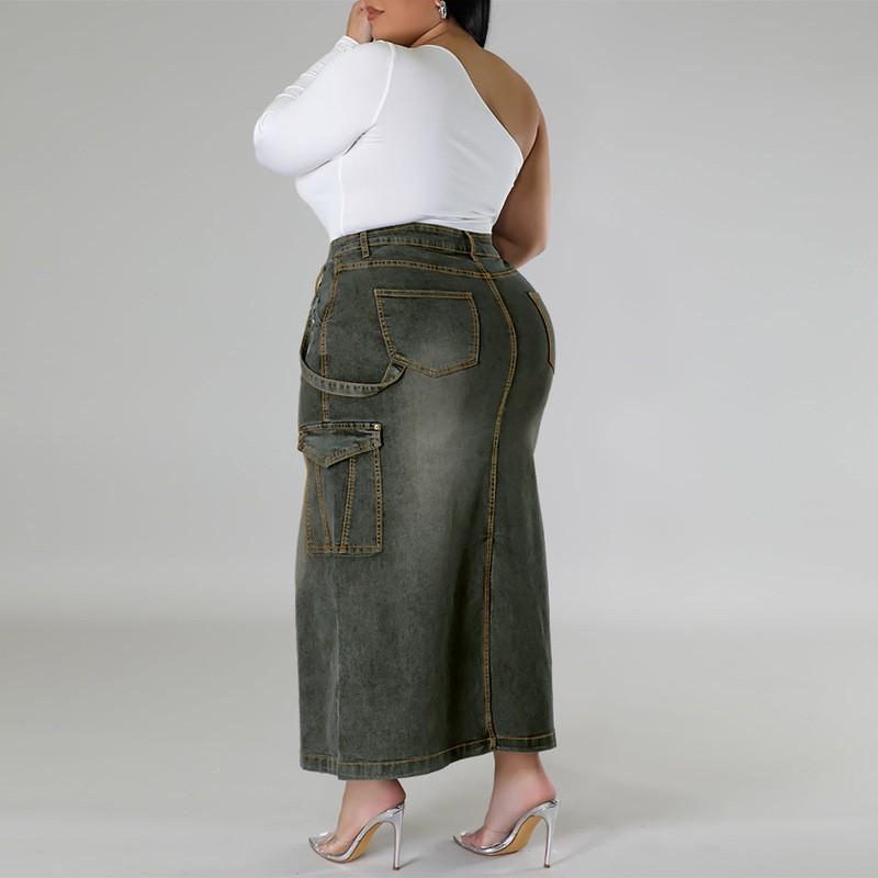Plus Size Denim Skirt Women With Side Slit Adjustable Strap Midi Long Casual Korean Style