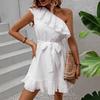 Women's Summer White Beach Mini Dress Solid Slanted Shoulder A-Line Sleeveless Casual Loose Sundress Holiday Short Shirt