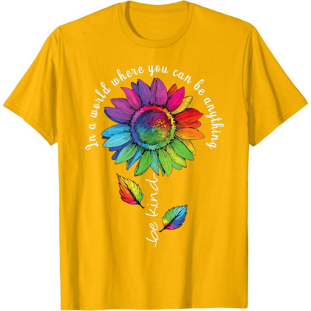 Rainbow Sunflower Be Kind Autism Awareness Graphic Tee Casual Cotton T-Shirt Unisex