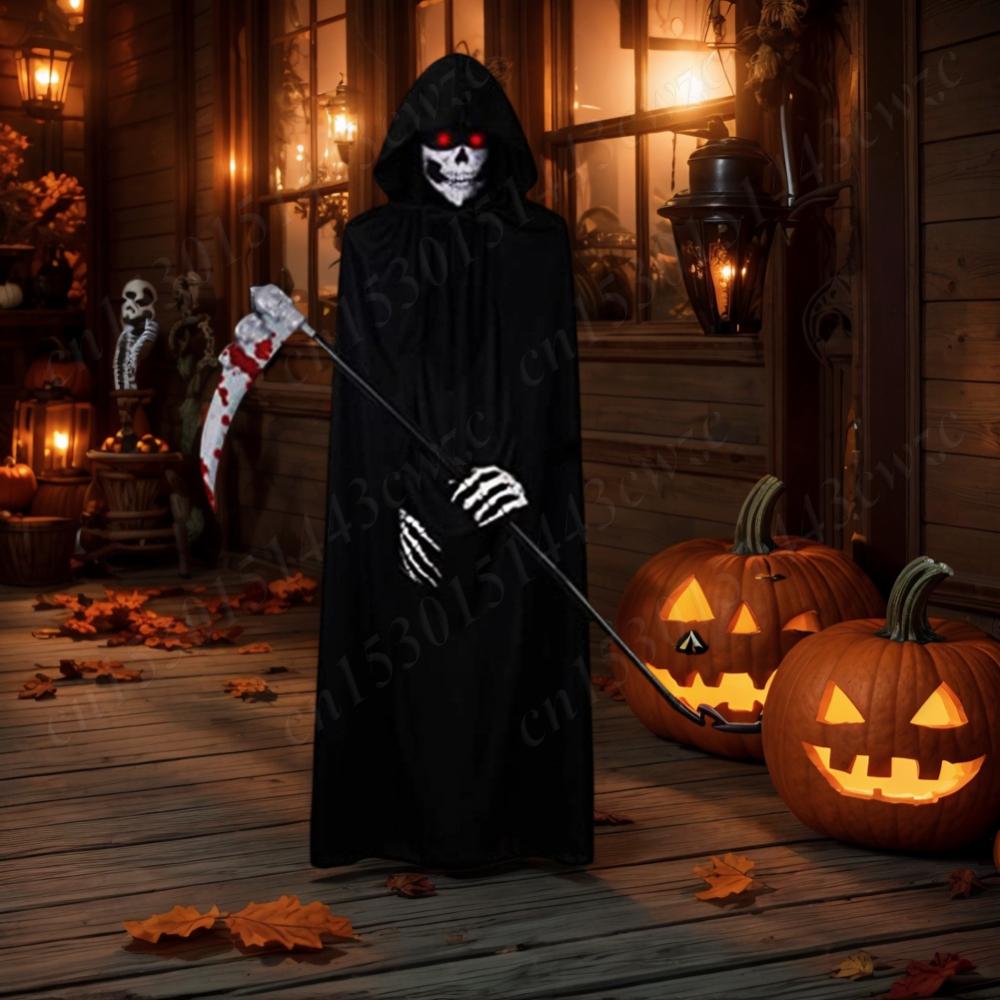 Halloween Grim Reaper Costume with Glowing Red Eyes/Gloves/Mask & Scythe Props Home Party Cosplay Costume Suitable For All Ages