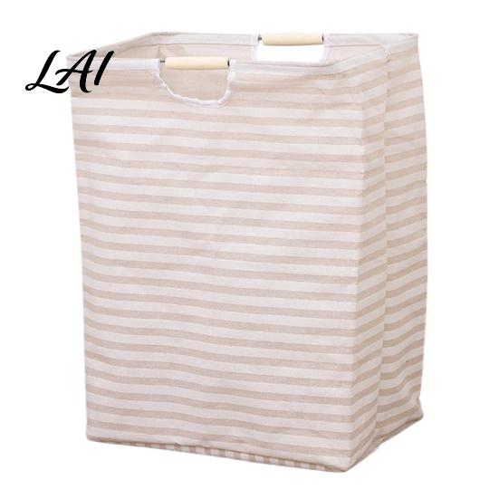 Cotton And Linen Laundry Organizer Basket with Wooden Handles Large Space Saving Bag Basket Storage Foldable for Families Collapsible Hamper