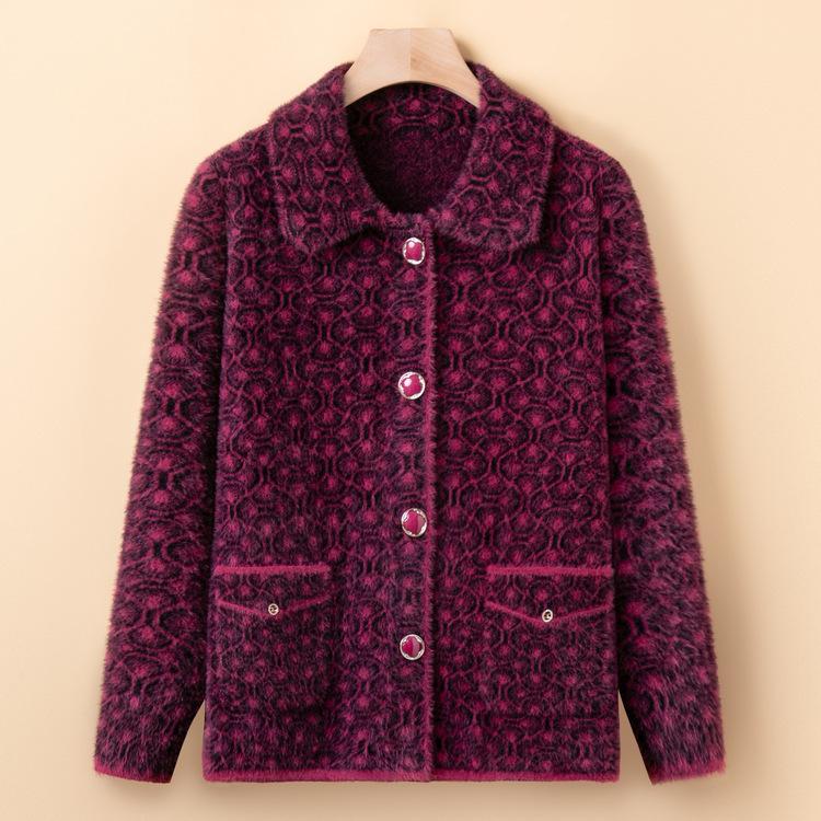 Middle-aged Mother Imitation Mink Wool Knitted Jacket Middle-aged and Elderly Women's Thickened Large-size Sweater Jacket Old Lady Clothes