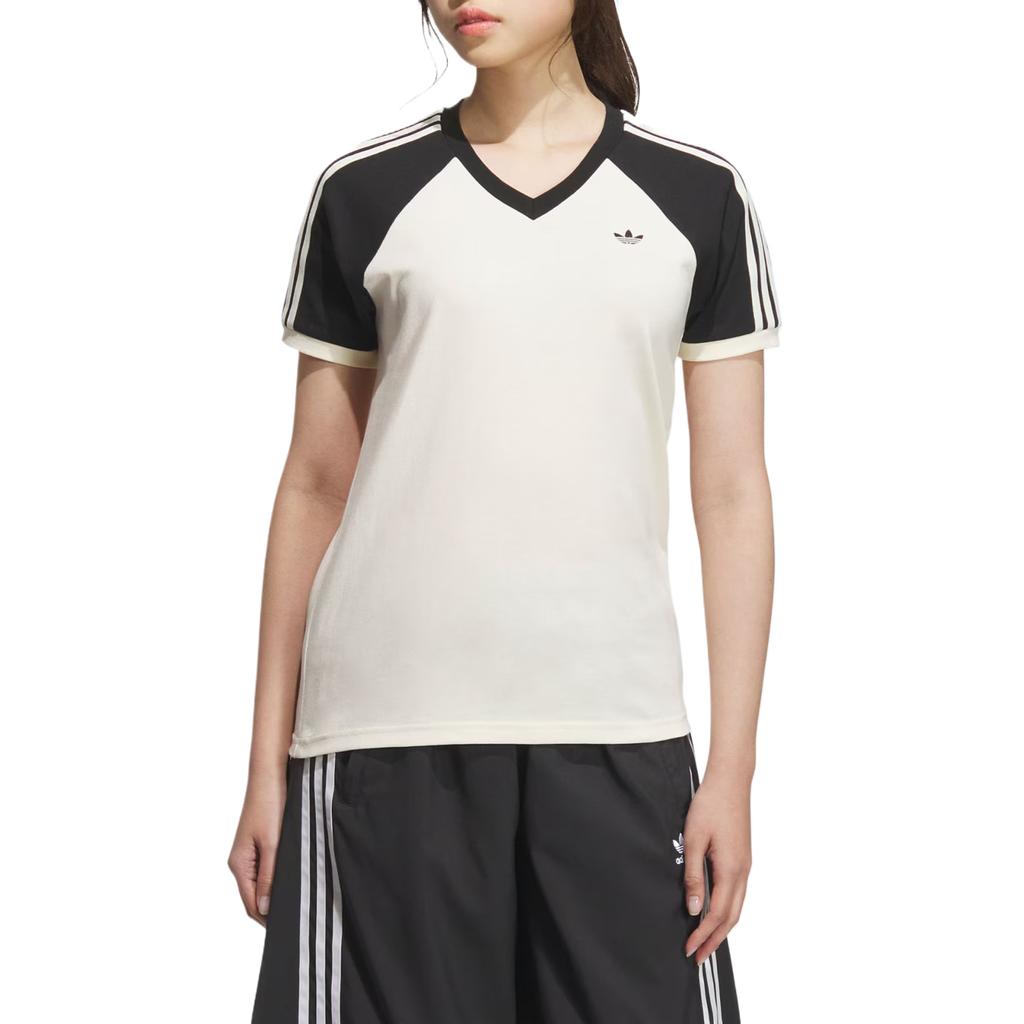 adidas Originals Color Block V-Neck Short Sleeve Raglan T-Shirt Women Tops Off-White Black KF0316