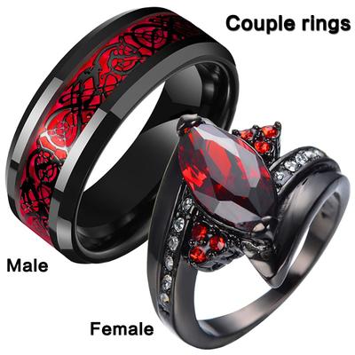 Fashion Couple Rings Romantic Red Rhinestones Women Rings Set Trendy Men's Stainless Steel Dragon Pattern Ring Wedding