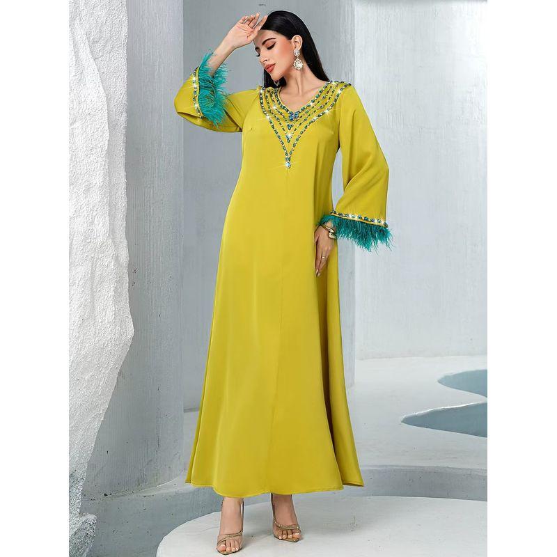 New Middle East Patchwork Feather Sleeve Diamond Robe Dress V-Neck Diamond Studded Dress