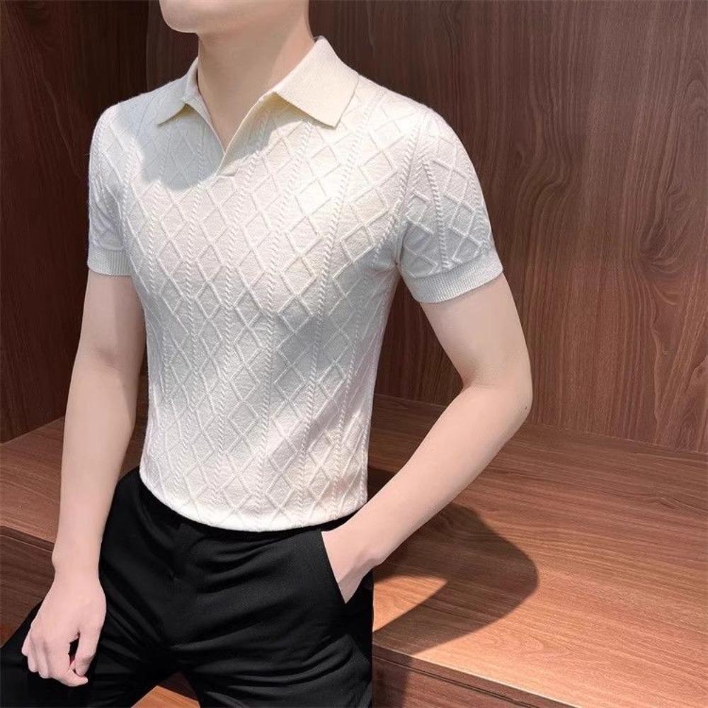 

Rhombus Pattern Jacquard Knit Short Sleeve T-Shirt Men Stylish Versatile Casual Business Collar Shirt M білий