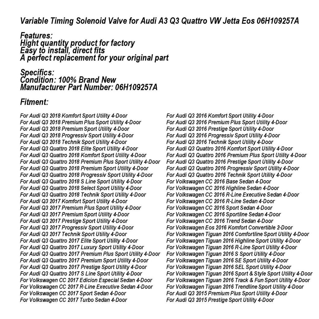Variable Timing Solenoid Valve 06H109257A for A3 Q3 Quattro VW Jetta Eos