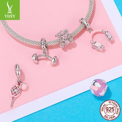 Ciondolo Accessori Serie Sportiva Rosa Argento Sterling S925, Perline Rosa Cuore Ragazza Tennis Pallavolo Fai da Te