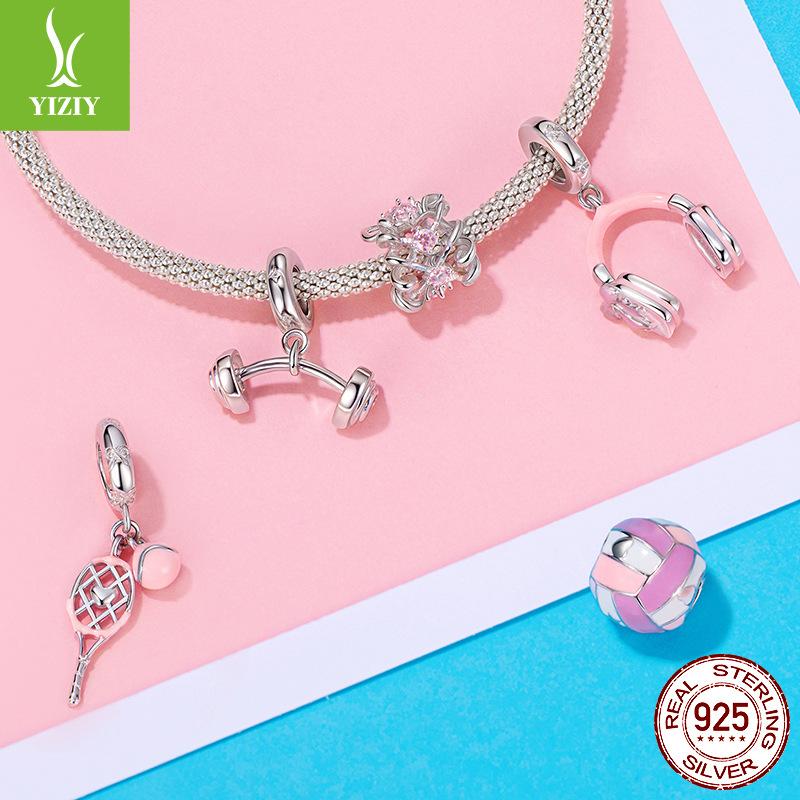 Pink Sports Series S925 Sterling Silver Pendant Accessories, Pink Girls Heart Tennis Volleyball Diy Beads