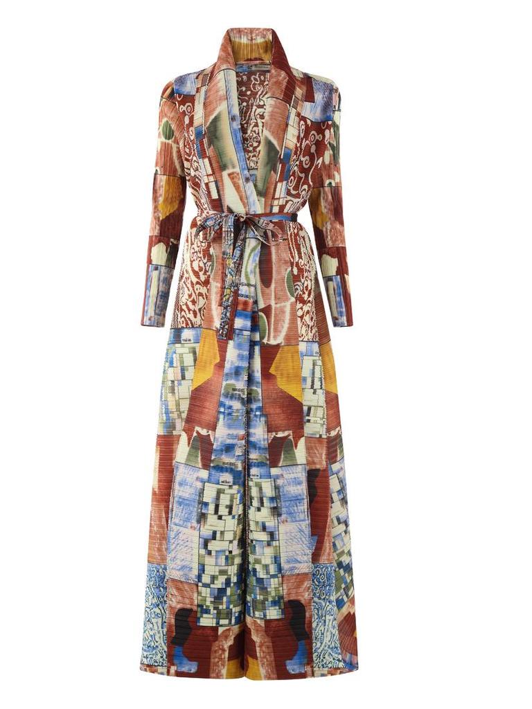 Pleated Printed Long Trench Coat for Women - 2025 Spring Lapel Loose Fit Plus Size Long Sleeve Robe