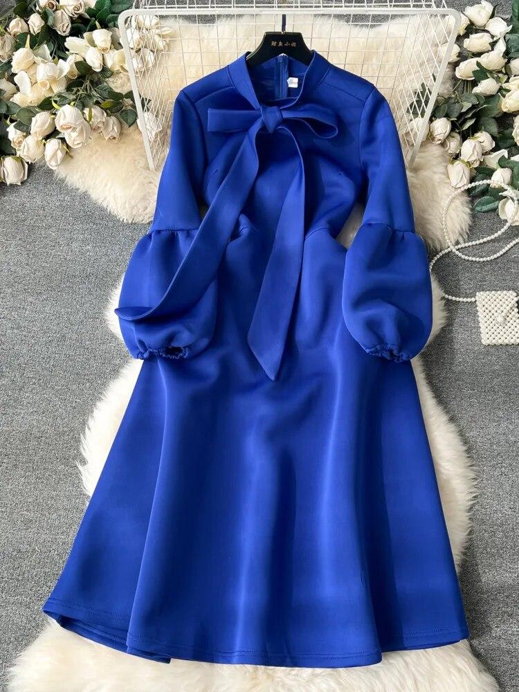 Dámské šaty ve sladkém stylu s mašlí Lucerna s dlouhým rukávem Jednobarevné šaty s vysokým pasem podzim zima 2024 Novinka