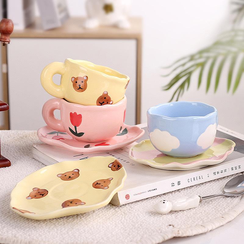 Cute Hand Painted Coffee Cup with Saucer Irregular Flower Cloud Blue Sky Creative Breakfast Milk Tea Mug Gift Set Handmade Drink
