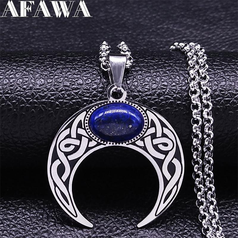 Vintage Crescent Moon Knot Pendant Necklaces for Women Stainless Steel Blue Stone Silver Color Punk Chain Jewelry Collier N7941