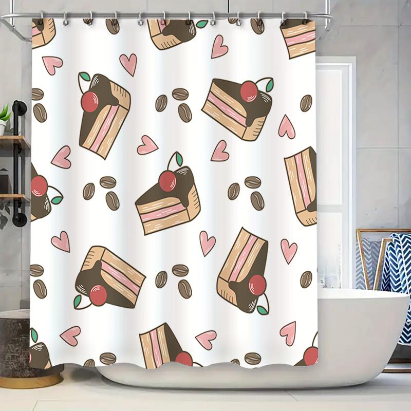 

Vintage Cake Slice Shower Curtain With Cherry And Coffee Beans Print Waterproof Fabric For Bathroom Decor (White) W60H190(CM)-1 Pcs