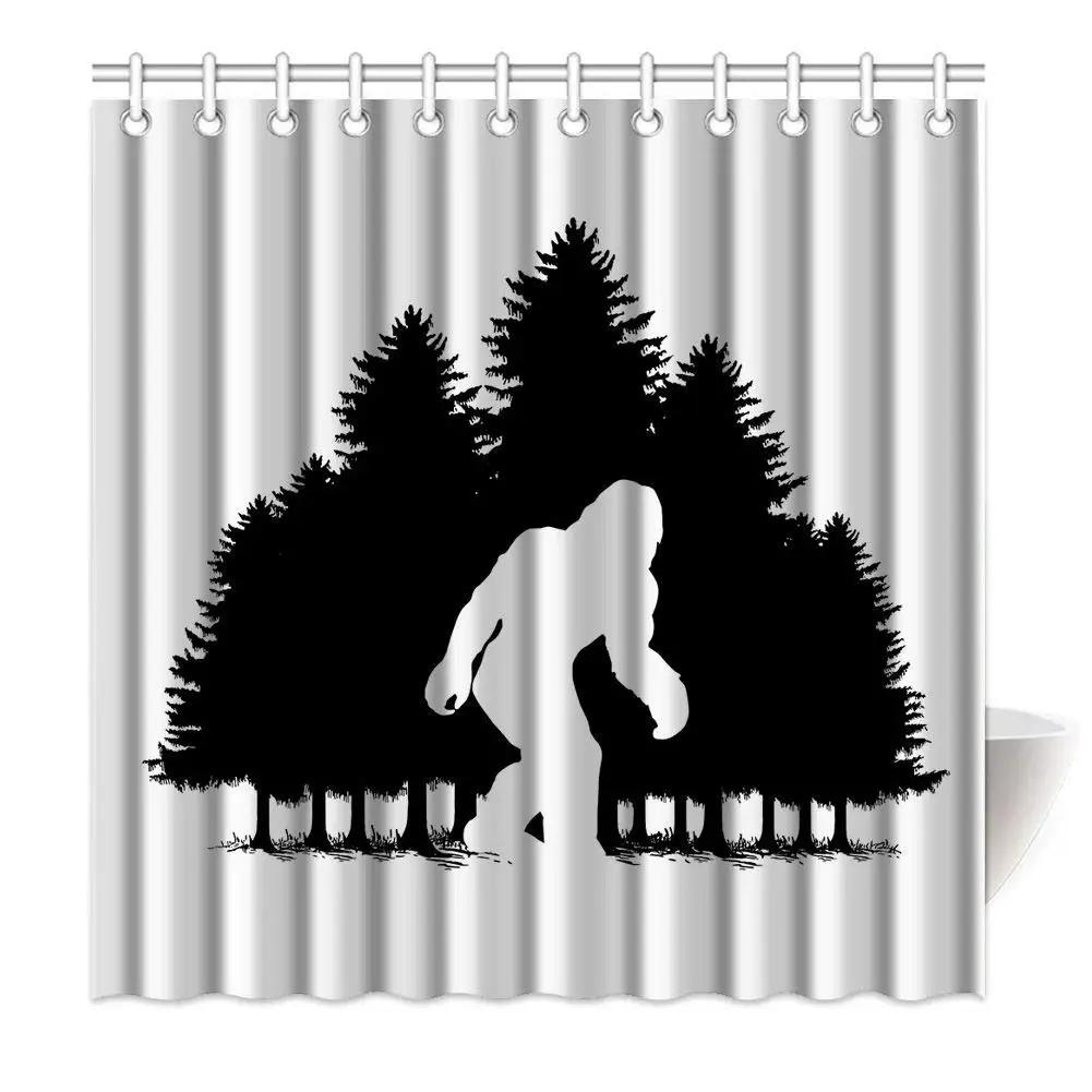Funny Bigfoot Sasquatch Shower Curtain, Full Moon Starry Sky Bathroom Curtains Set Waterproof Polyester Bathtub Bathroom Decor